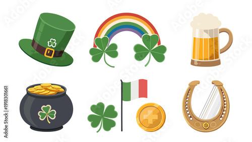 St. Patrick's Day Illustration Set, Lucky Irish Symbols with Leprechaun Hat, Pot of Gold, Rainbow, Shamrock Clover, Beer Mug, Horseshoe, Harp, and Italy Flag for Celebration