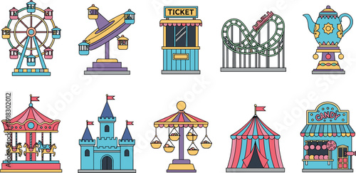 Set of Colorful Carnival and Amusement Park Icons with Ferris Wheel Roller Coaster and Carousel