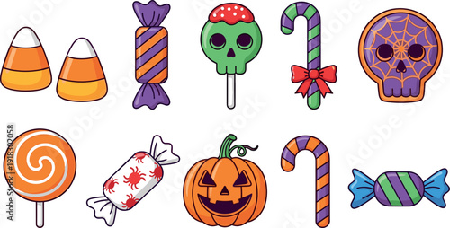 Set of Halloween Candies and Sweets with Skull Lollipops Candy Corn and Jack O Lantern Pumpkin