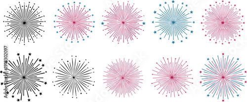 Set of Colorful Firework Bursts and Starburst Elements for Celebration and Independence Day