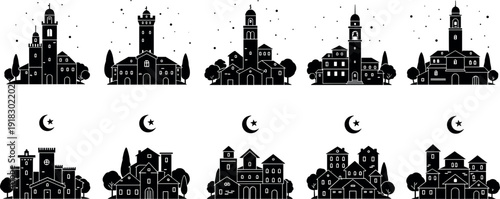 Set of Islamic City Silhouettes with Mosques Minarets and Crescent Moon for Ramadan and Eid
