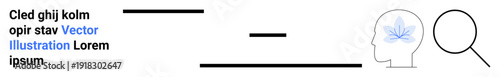 Mental health, personal growth, mindfulness, cognitive function, scientific research, neuroscience. Head profile with leaf, magnifying glass and text. Mental health and mindfulness concepts