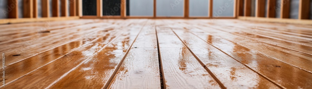 © LIPO@SEXTAO22 - Wooden Deck After Rain Reflective Planks, Low Angle, Wet Wood Texture, Outdoor Structure, Wood Grain, Nature, Weather. Wood