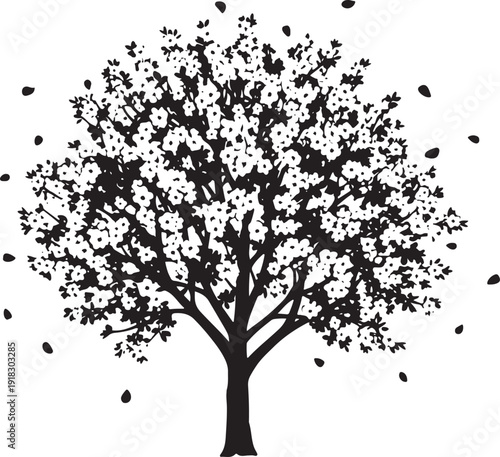 A striking black silhouette of a fully bloomed tree with abundant small white flowers and falling petals, set against a pure white background for a clean, impactful design.