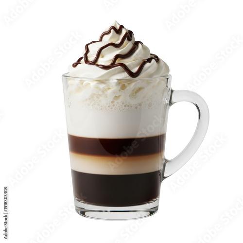 A layered coffee drink with whipped cream and chocolate syrup