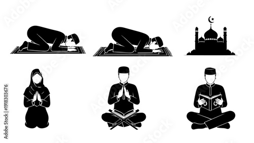 Islamic Prayer and Worship Icon Set, Black Silhouettes of Muslim People Praying, Reading Quran, and Mosque Silhouette for Ramadan Kareem and Eid Mubarak Celebration