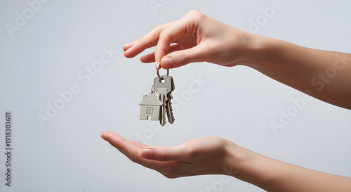 Close-up of hands exchanging house keys with a charm, symbolizing homeownership and real estate transactions on a gray background.