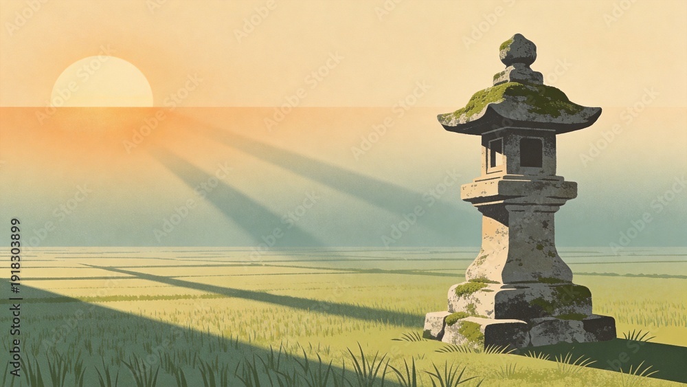 Fototapeta premium Simple stone shrine in rural field during sunrise with shadows