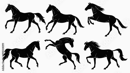 Set of Six Black Horse Silhouettes in Various Dynamic Poses