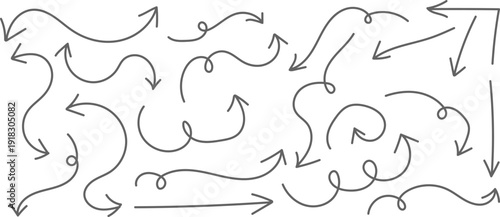 A complex arrangement of hand drawn arrows on a plain white background with varying sizes and directions