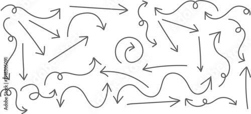 A collection of hand drawn arrows with varying styles and directions on a white background