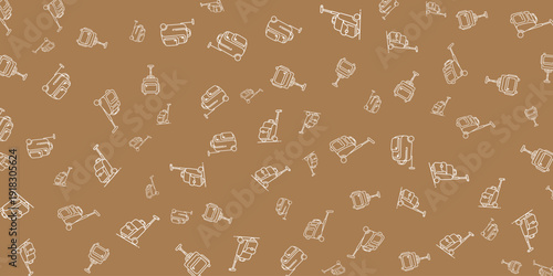 A pattern of wine glasses and bottles on a brown background viewed from above