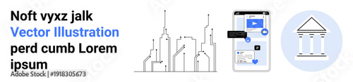 Urban design, finance, technology, communication, app development, digital navigation. Minimalist skyline, smartphone interface and bank building icon. Technology and finance conceptual elements