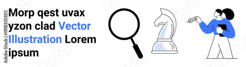 Problem-solving, strategy, business analysis, critical thinking, research, decision-making. Magnifying glass, chess knight person with clipboard. Strategy and business analysis