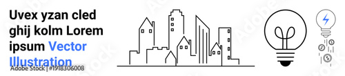 Urban infrastructure, sustainability, energy efficiency, city planning, innovation, renewable energy. Outline of buildings with a light bulb icon. Sustainability and energy concepts