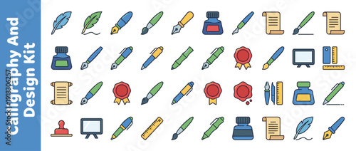 Calligraphy and Lettering Design Kit: 36 Flat Vector Icons of Writing Tools, Quills, Fountain Pens, Ink Bottles, Scrolls, Wax Seals, Brushes, Rulers, and Easels for Creative Art and Graphic Design.