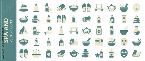 Comprehensive Collection of 40 Spa and Wellness Treatment Vector Icons in Flat Design. Features Hot Stones, Candles, Essential Oils, Yoga Mats, Face Masks, Teapots, and Slippers in Duotone Palette.