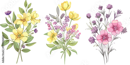 Hand drawn floral bouquet collection vector illustration vintage flowers botanical arrangement decorative spring nature design set