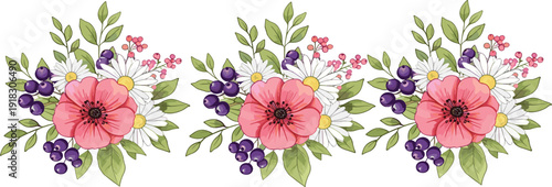 Hand drawn floral bouquet with berries vector illustration vintage botanical flowers decorative natural arrangement design