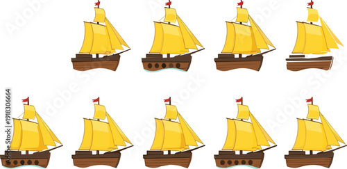 Cartoon sailing ship collection vector illustration pirate boat with yellow sails maritime transport design set