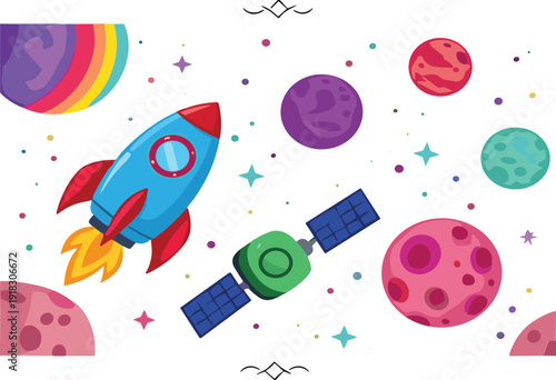 Cartoon space rocket and satellite vector illustration with colorful planets stars galaxy universe exploration design