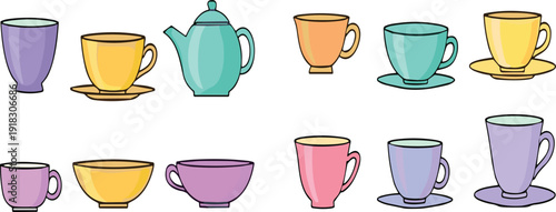 Cartoon tea cups and teapot collection vector illustration colorful kitchen drinkware ceramic mug set