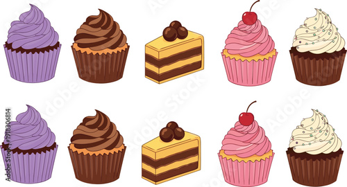 Cupcake and cake slice dessert collection with sweet frosting bakery food vector illustration isolated design set