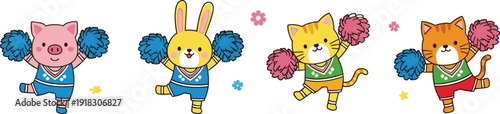 Cute Animal Cheerleader Characters Pig Bunny and Cats with Pom Poms Cartoon Vector Illustration Set
