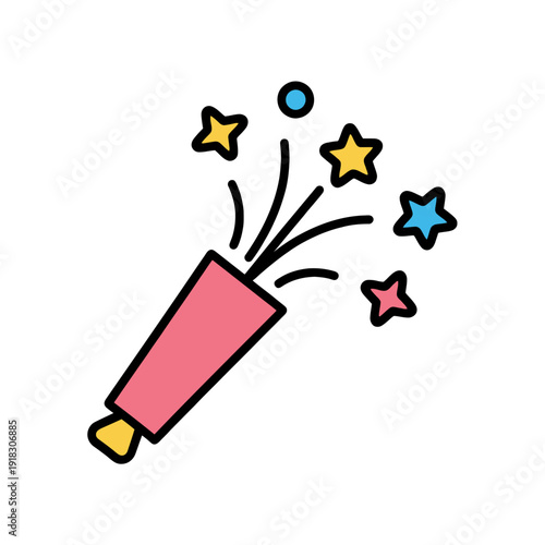 A colorful illustration of a party popper exploding with stars and confetti