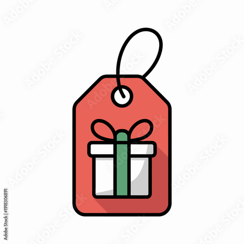 A red gift tag with a white present