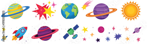 Space elements collection cartoon vector illustration with planets rocket satellite sun earth stars galaxy set