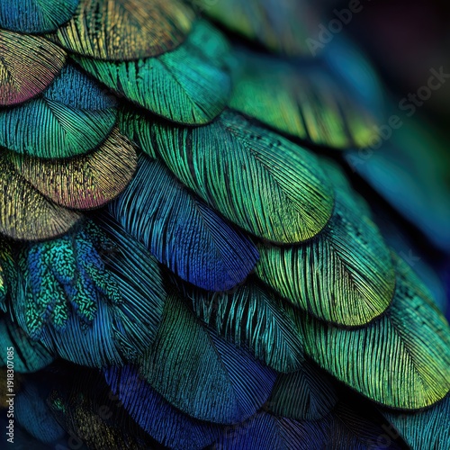 Close-up of iridescent feathers, showcasing vibrant blues, greens, and gold hues