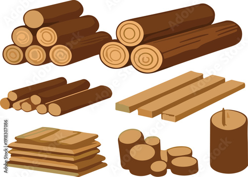 Wood logs and lumber collection flat vector illustration timber planks firewood wooden material construction set