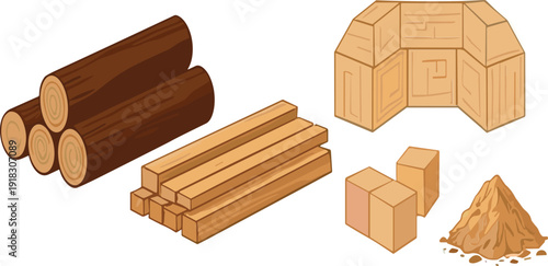 Wood materials cartoon vector set with logs planks timber blocks and sawdust construction resource illustration