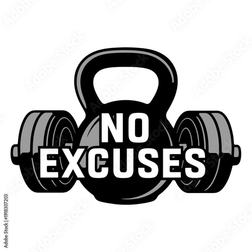 A motivational fitness graphic with a kettlebell and dumbbells