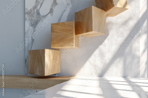Abstract wooden cubes seemingly floating against marble & textured walls, sunlight