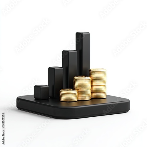 3D render of a black graph chart and gold coin stacks on a black platform