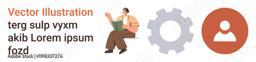 Education, business planning, user interface design, career development, analytics, corporate training. A man reading a book, gear icon and user profile symbol. Education and business visually