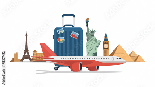 Travel and tourism illustration featuring iconic elements that represent global exploration, leisure, and adventure.
