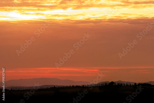 Wallpaper Mural Golden sunset over rolling hills of Tuscany, Italy, iconic cypress trees silhouetted against dramatic sky with layered mountains in the background Torontodigital.ca