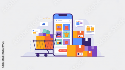 Illustration of a shopping cart filled with colorful shopping bags, representing online shopping, retail, and consumer purchases.
