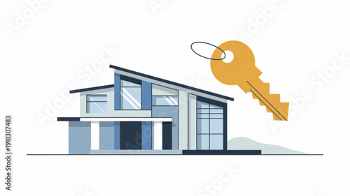 House Key with Modern Keyring, Real Estate Ownership and Property Concept, Home Security Symbol, Close Up of Metal Key Isolated on White Background, Realistic Property Access Illustration