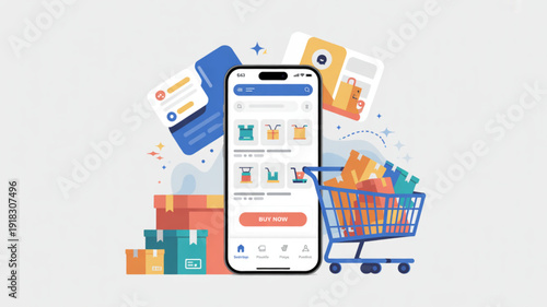 Online Shopping Concept – E-Commerce, Digital Marketplace, and Modern Retail Illustration

Online shopping concept featuring a digital shopping experience with a laptop, smartphone,