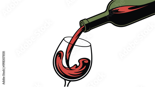 Red wine pouring from bottle into glass vector illustration in retro style
