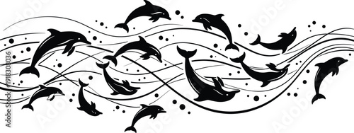 Collection of black dolphin silhouettes swimming playfully among abstract ocean waves and bubbles, isolated on a white background for marine vector graphic design.