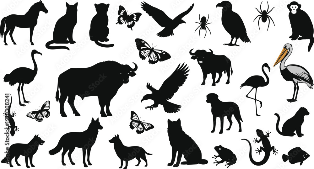 Fototapeta premium Comprehensive collection of black animal silhouettes featuring horse, dog, wolf, eagle, butterfly, spider, and lizard, isolated on a white background for vector graphic design.