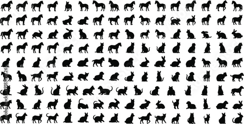 Comprehensive collection of black animal silhouettes featuring horse, cat, dog, rabbit, bird, and livestock isolated on white background for vector graphic design illustration.