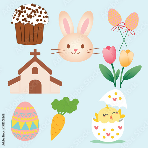 Easter Collection of Traditional Holiday Symbols — Vector Set on blue background