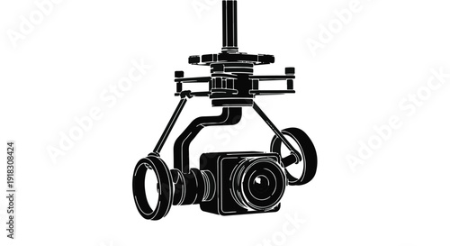 Professional camera equipment rig suspended from ceiling for filmmaking and video production in studio setting with mechanical stabilization