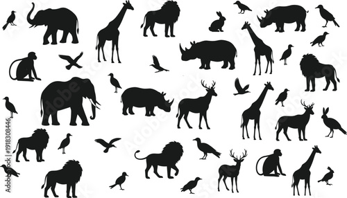 Comprehensive collection of black wildlife silhouettes including elephant, lion, giraffe, rhino, deer, monkey, and birds, isolated on white background for vector graphic design.